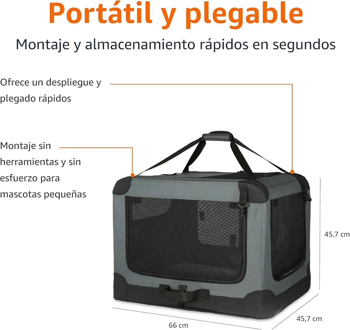 Amazon Basics Transportín Portátil Plegable de 4 Puertas para Perros y Gatos, Gris, S 66 x 46 x 46 cm foto 3