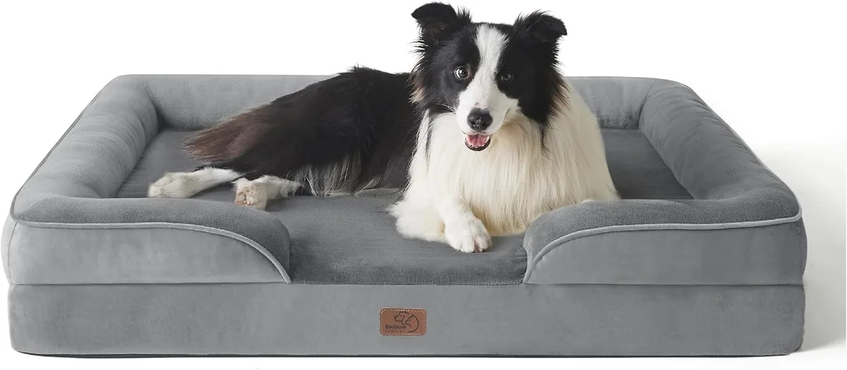 Bedsure Sofá Cama Ortopédica Lavable para Perros Grandes, 89x63cm, Gris | Sofá suave de franela con espuma ortopédica tipo huevera, forro impermeable, funda lavable a máquina y base antideslizante