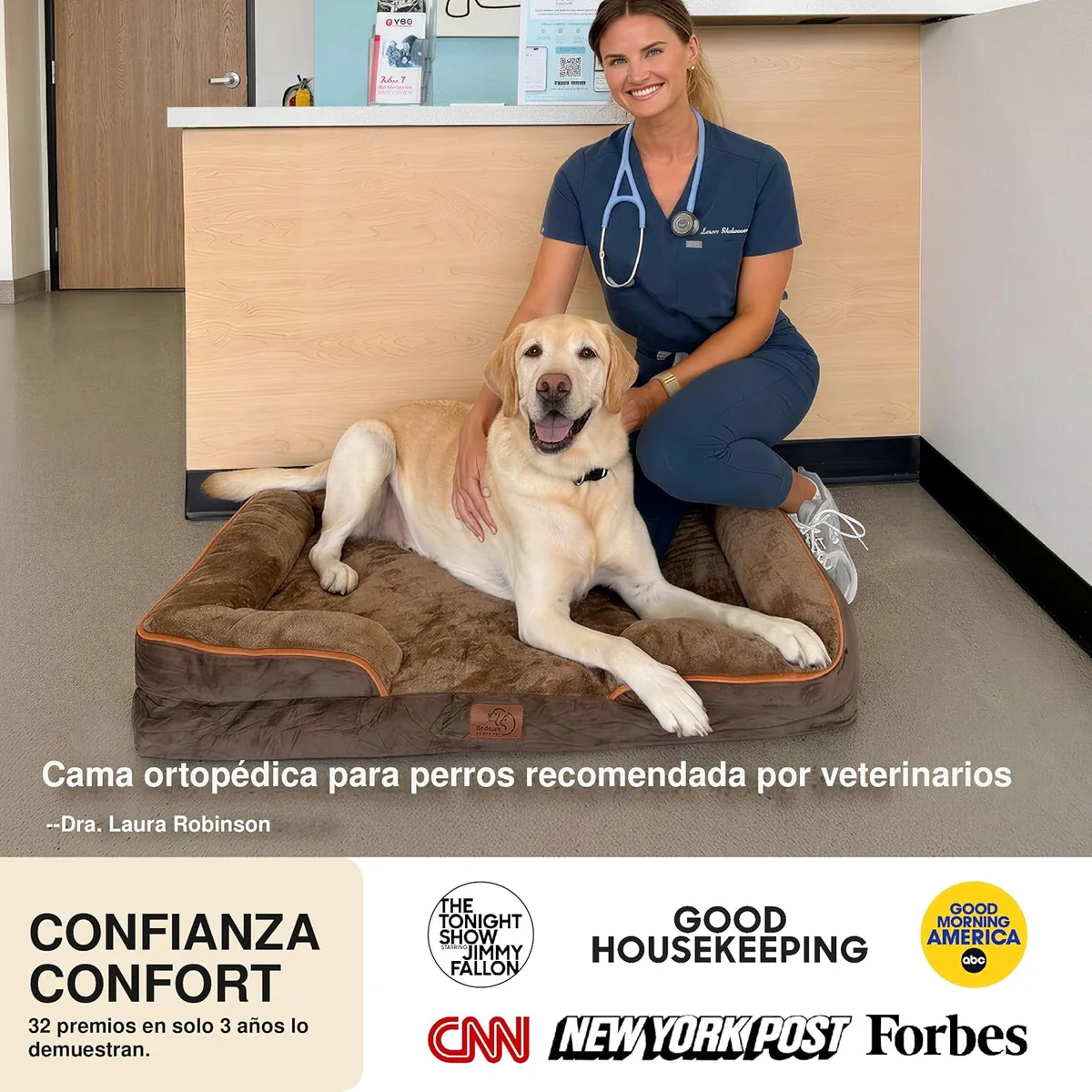 Bedsure Sofá Cama Ortopédica Lavable para Perros Grandes, 89x63cm, Gris | Sofá suave de franela con espuma ortopédica tipo huevera, forro impermeable, funda lavable a máquina y base antideslizante foto 1