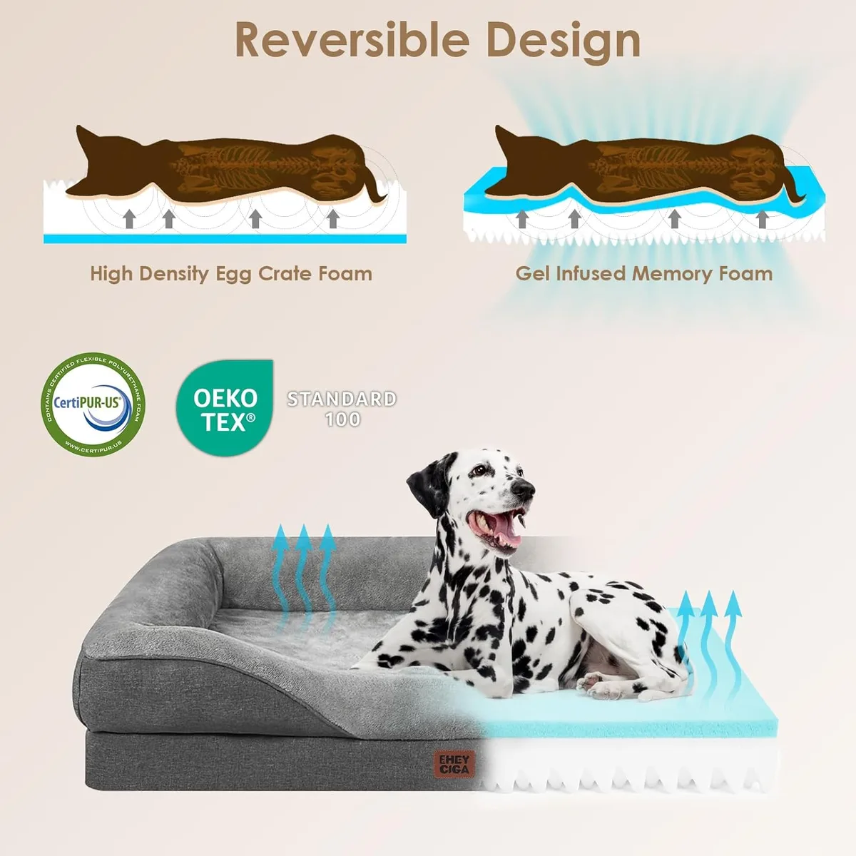 EHEYCIGA Ortopedica Cama Perro Extra Grande 106x76x18.5 cm, Gris Oscuro | Espuma tipo huevera y Memory Foam Sofa para Perros Lavable, Colchon Perro Impermeable con Espuma Viscoelástica, Cama Gato foto 2