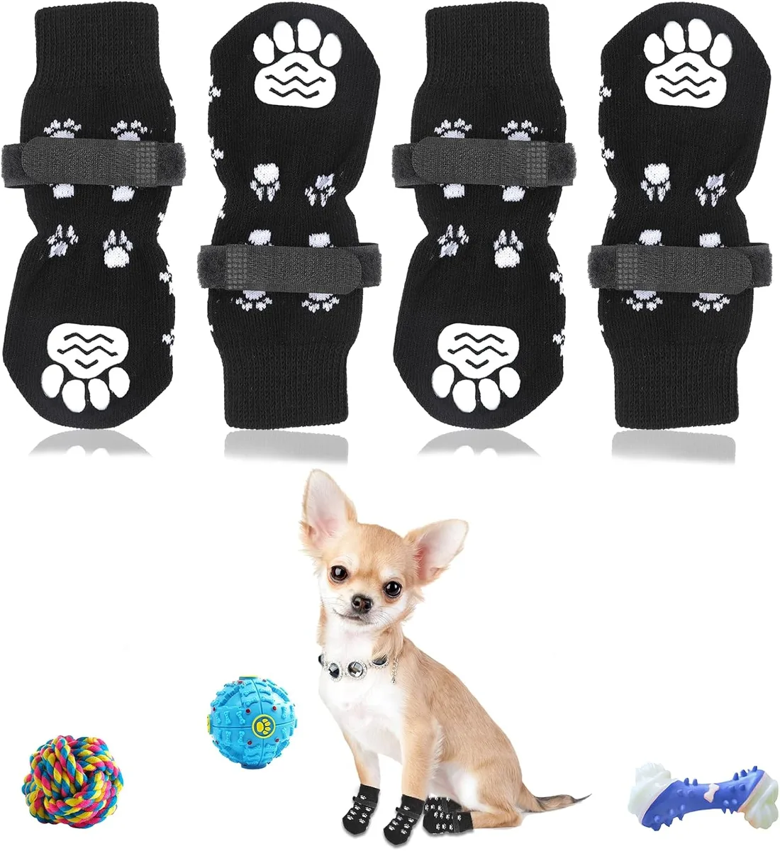 JINSIHU 4 Piezas Calcetines Protección Dual Antideslizantes Ajustables con Correas M | Calcetines Perros Interiores, Control Tracción, Fácil Colocación, Transpirable foto 7
