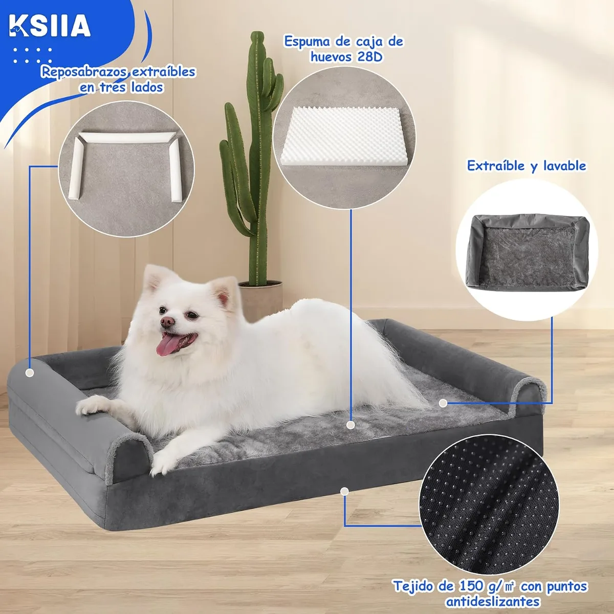 KSIIA Cama para Perros Ortopédica Cama Perros Medianos, M Gris 75x47x16cm | Sofá para perros en peluche corto ártico, ortopédico para articulaciones, 3 bordes elevados, lavable y desenfundable foto 2