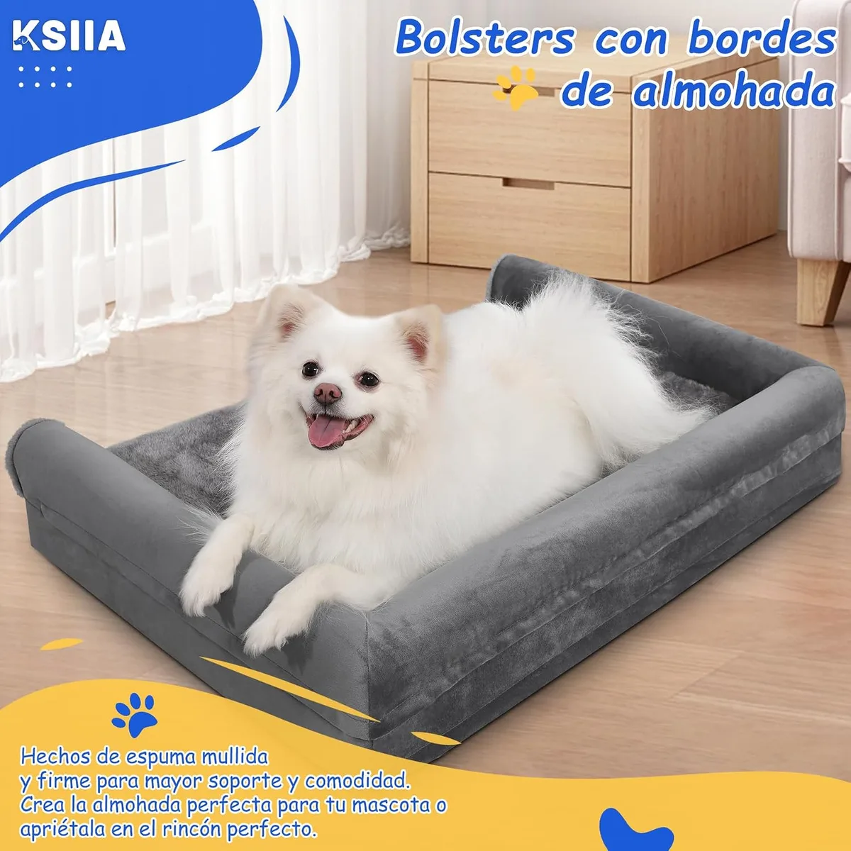 KSIIA Cama para Perros Ortopédica Cama Perros Medianos, M Gris 75x47x16cm | Sofá para perros en peluche corto ártico, ortopédico para articulaciones, 3 bordes elevados, lavable y desenfundable foto 4
