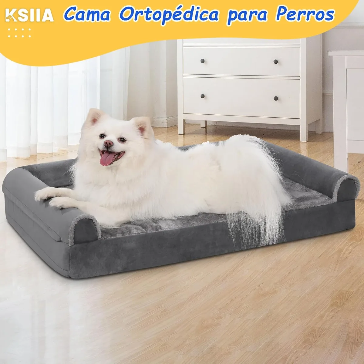 KSIIA Cama para Perros Ortopédica Cama Perros Medianos, M Gris 75x47x16cm | Sofá para perros en peluche corto ártico, ortopédico para articulaciones, 3 bordes elevados, lavable y desenfundable foto 7