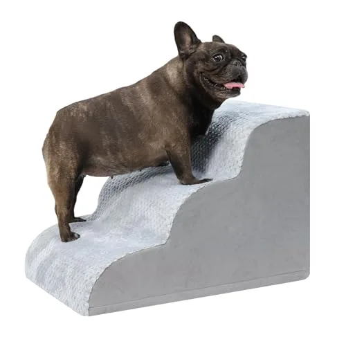 KSIIA Escalera para Perros 3 Escalones para Sofá y Cama, 40x57x40cm, Gris, con Base Antideslizante, para Cachorros y Mascotas Mayores con Funda Desmontable y Lavable foto 1