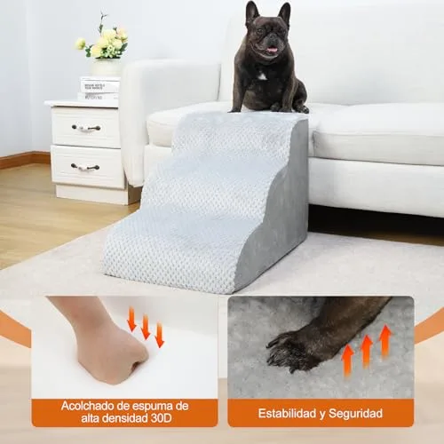 KSIIA Escalera para Perros 3 Escalones para Sofá y Cama, 40x57x40cm, Gris, con Base Antideslizante, para Cachorros y Mascotas Mayores con Funda Desmontable y Lavable foto 4