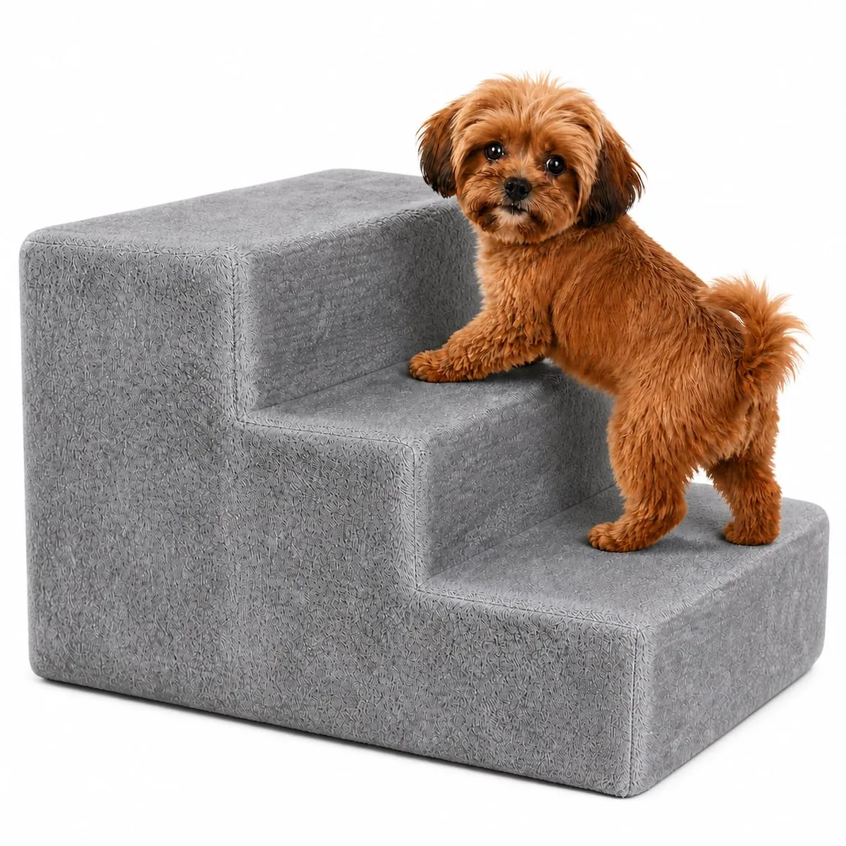 lionto Escalera de Felpa para Perros y Gatos, 46 x 36 x 34 cm, Gris Claro, Escalera estable de tres peldaños para mascotas de hasta 50 kg, con funda extraíble y lavable