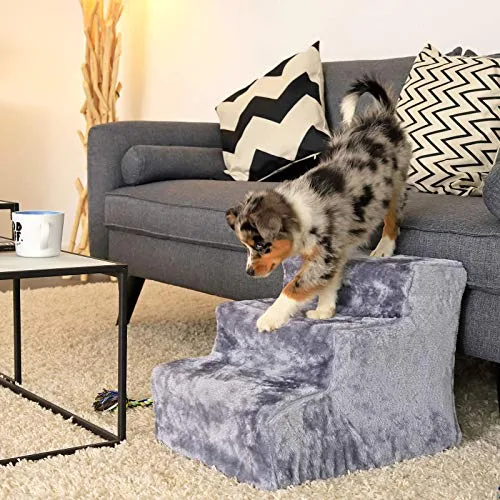 lionto Escalera de Felpa para Perros y Gatos, 46 x 36 x 34 cm, Gris Claro, Escalera estable de tres peldaños para mascotas de hasta 50 kg, con funda extraíble y lavable foto 3