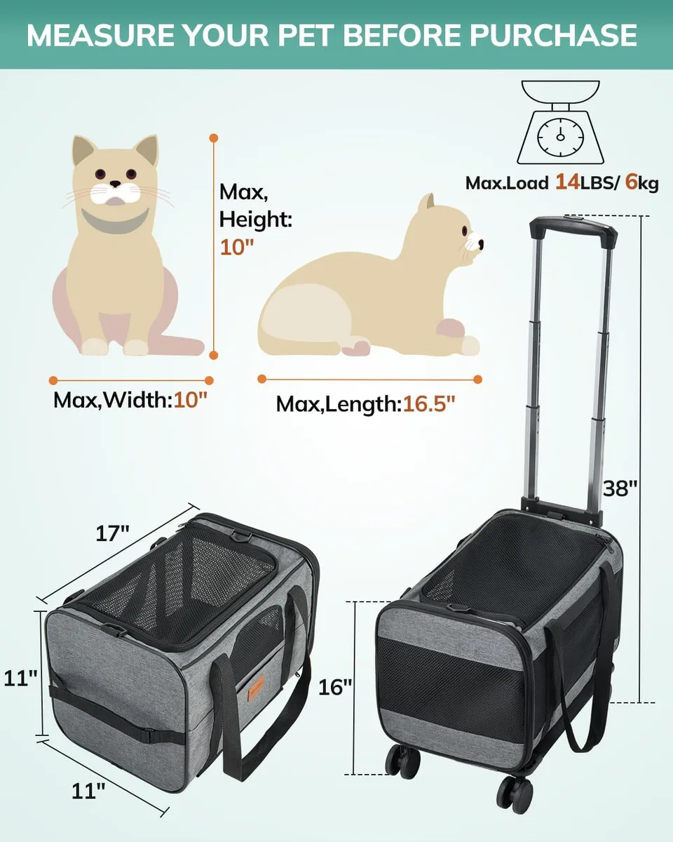 morpilot Transportín para Gatos y Perros con Ruedas y Varilla Telescópica, Bolsa de Viaje Plegable con Cuenco y Ruedas Extraíbles (43 x 28 x 28 cm) foto 3