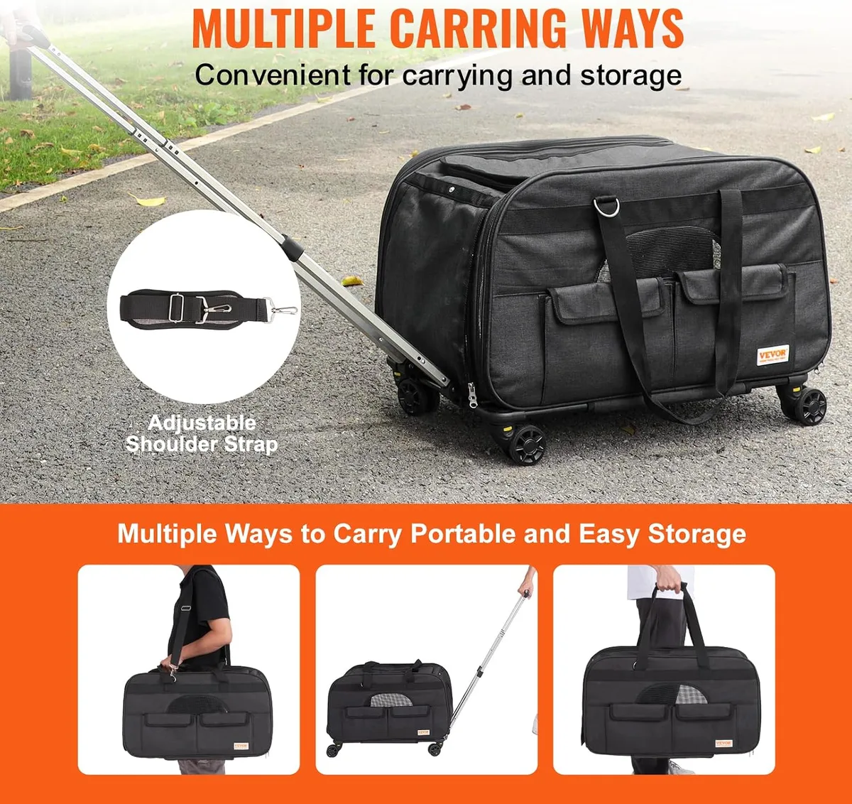 VEVOR Transportín para Mascotas con Ruedas, Carga de 15,8 kg, Maleta para Gatos 65 x 36 x 36 cm, con Asa Telescópica y Correa para Hombro foto 5