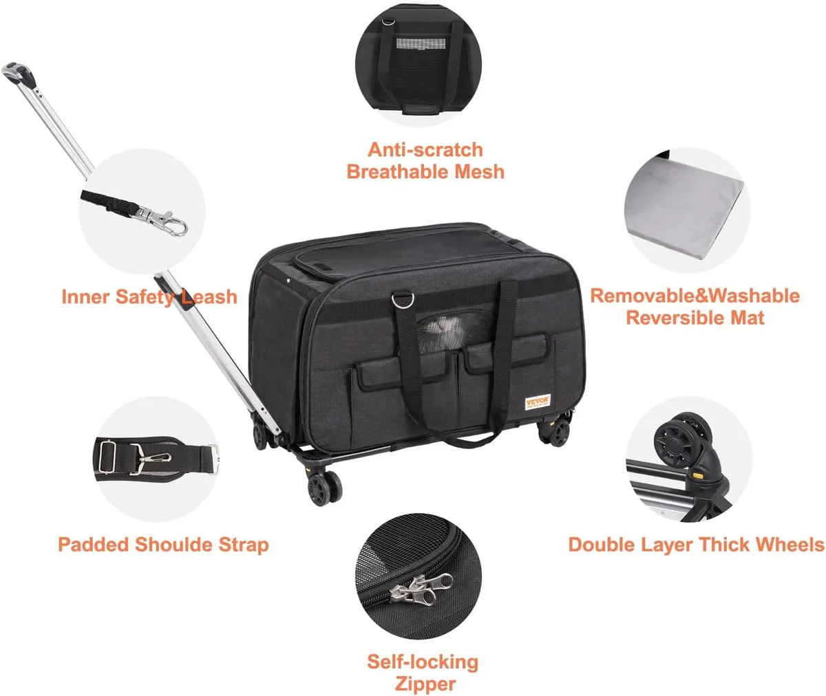 VEVOR Transportín para Mascotas con Ruedas, Carga de 15,8 kg, Maleta para Gatos 65 x 36 x 36 cm, con Asa Telescópica y Correa para Hombro foto 7